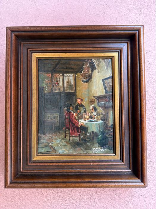 .Tablou,pictura in ulei pe lemn,oameni in carciuma,semnat