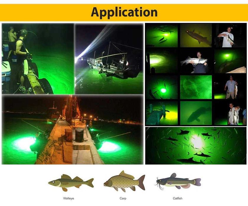 Подводна LED лампа за нощен риболов, зелена светлина.