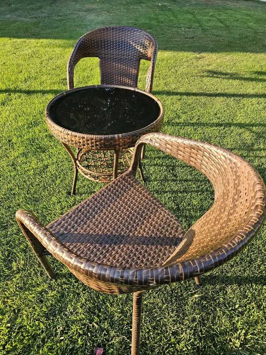 НЕМСКИ Градински Ратанов Комплект-2 Стола С Маса И Поставка + ЛЕД ФЕНЕР