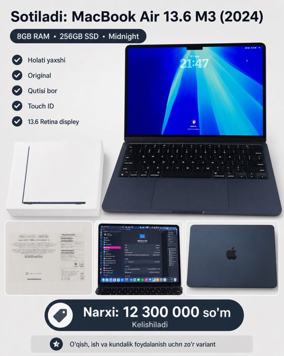 MacBook Air M3 13.6 — 2024 model sotiladi
