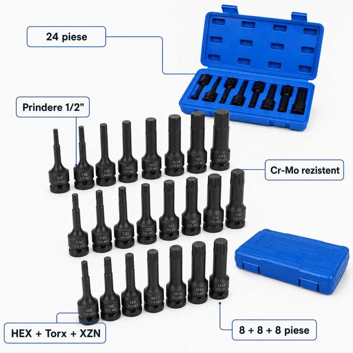 Set tubulare impact Hitman 24 piese 1/2 HEX Torx XZN