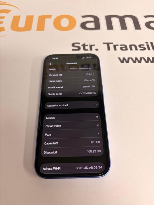 Telefon Apple iPhone 16, 128GB, 5G, Ultramarine, bat.96% -T-