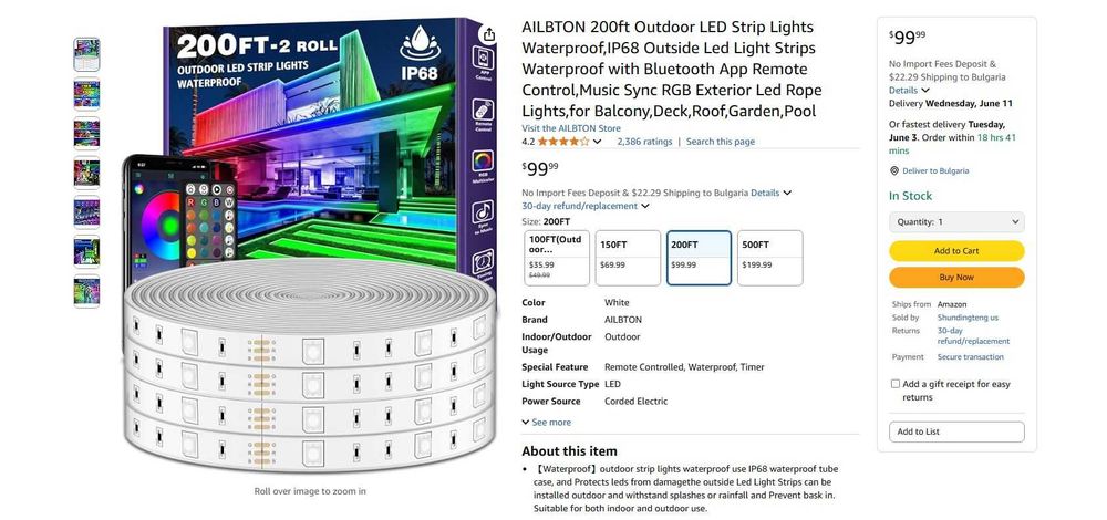 AILBTON 200 фута външни LED ленти, IP68 външни LED ленти с Bluetooth