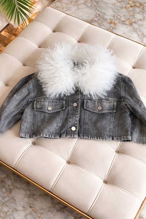 дънков сив сет пух пера яке пола pretty litttle things коледен  топ