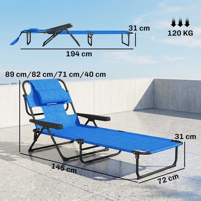 Градински шезлонг Outsunny Sun Lounger, сгъваем, устойчив на атмосферни влияния, 194 см x 72 см x 31 см