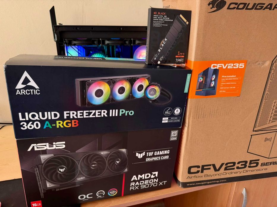 Мощен Геймърски Компютър | Ryzen 9 7900X | RX 9070 XT 16GB | 32GB DDR5 | 1TB NVMe + Водно охлаждане