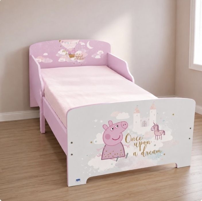 Детско легло Peppa Pig 140x70 см с ламелна основа – Розово легло с Пепа Пиг, замък и еднорог