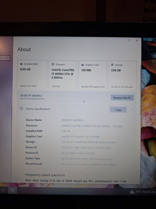 Laptop HP I3 250 G6