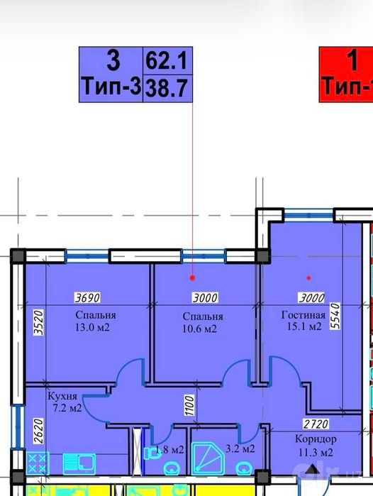 Продается 3-комнатная квартира - 62,1 м². 3 - xonali uy sotiladi