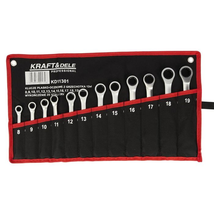 Set chei combinate cu clichet, dimensiuni 8-19mm, 12 piese, Kraft