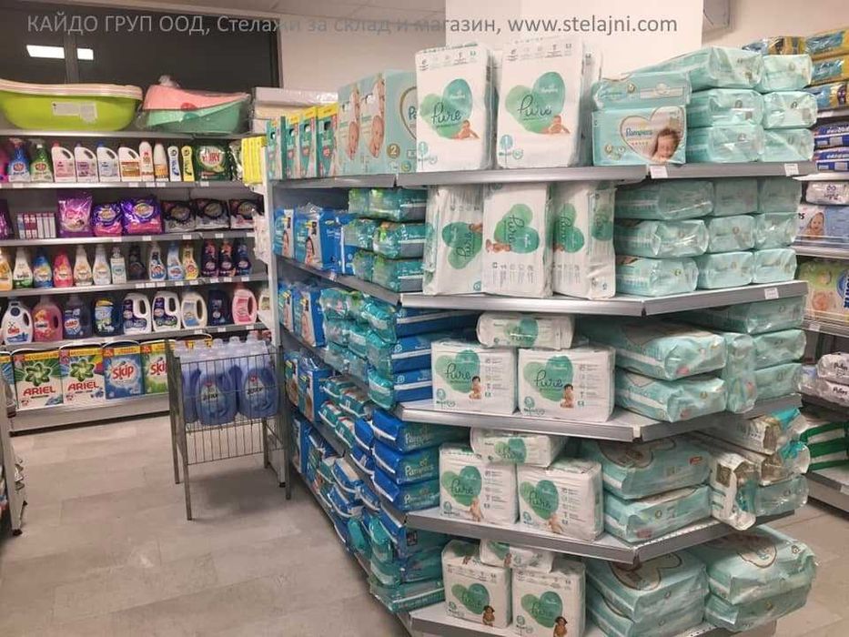 Нови, налични Стелажи за магазин, стенен и островен, метален регал