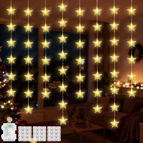 Нови 6 броя Коледни LED светлини звезди 8 режима таймер топла светлина