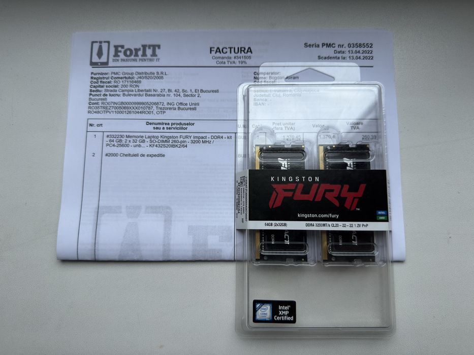 Vând Kit SODIMM DDR4 3200Mhz, 64GB sigilat