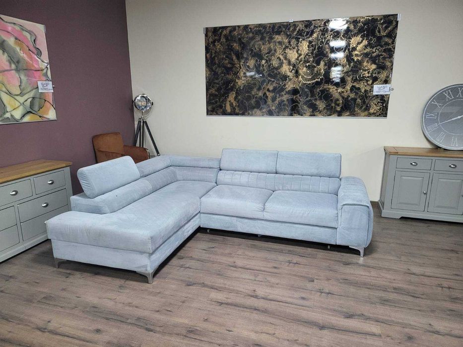 ПРОМОЦИЯ! Светло син ъглов диван от плат с функция сън и ракла