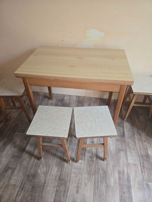 Маса с четири стола , кресло , таборетки, ракла и нощно шкафче