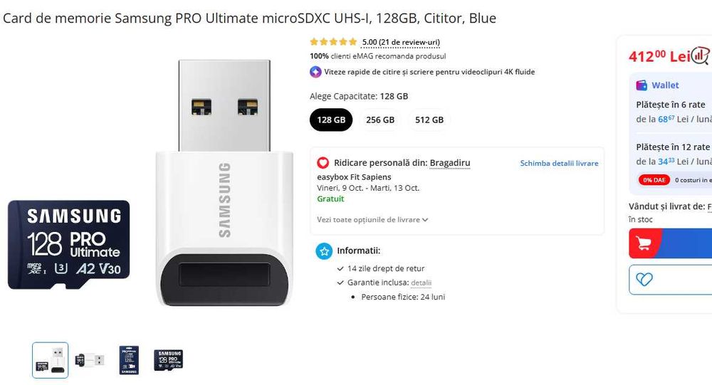 Card de memorie Samsung PRO Ultimate microSDXC UHS-I, 128GB, Cititor, Blue