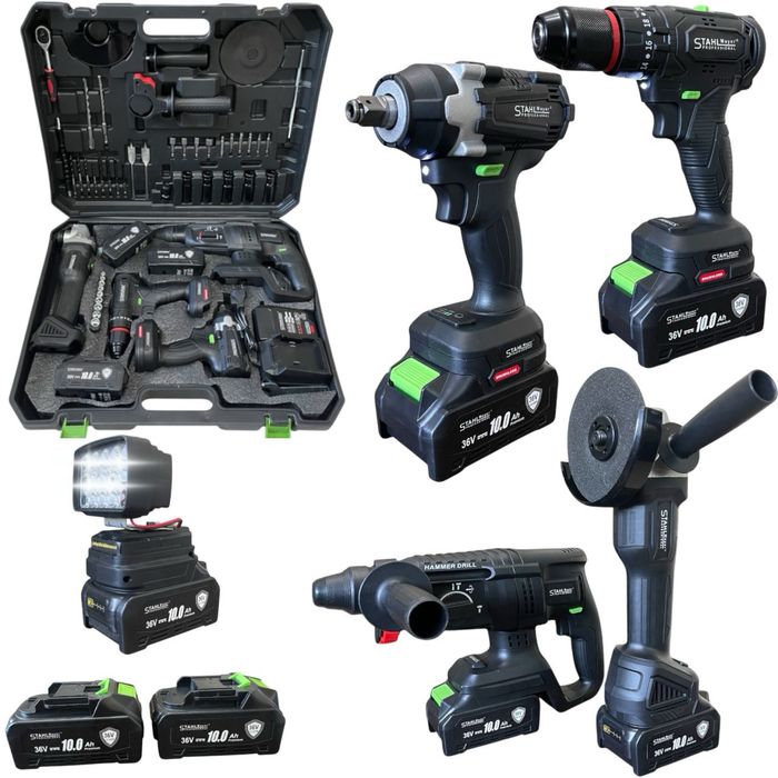 Акумулаторен комплект 5в1 гайковерт винтоверт ъглошлайф перфоратор+LED