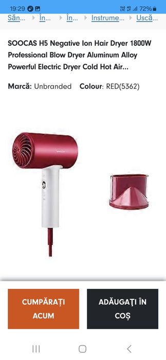 Uscator de par cu ionizare Xiaomi Soocas H5, 1800W, rosu