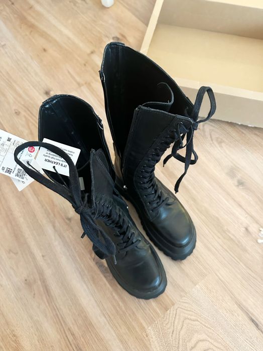 Cizme din piele cu șiret Zara (și fermoar) platforma, mărime 36, nou