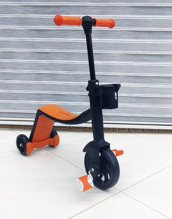 Самокат трехколесный 3 в 1  Оранжевый складной с подстаканником и ножн