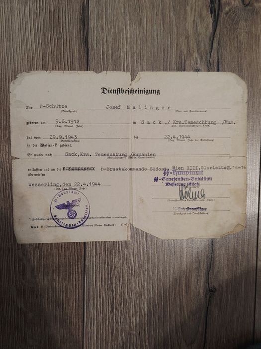 Set documente originale Waffen-SS 1943-1944(ww2) – Volksdeutsche Banat