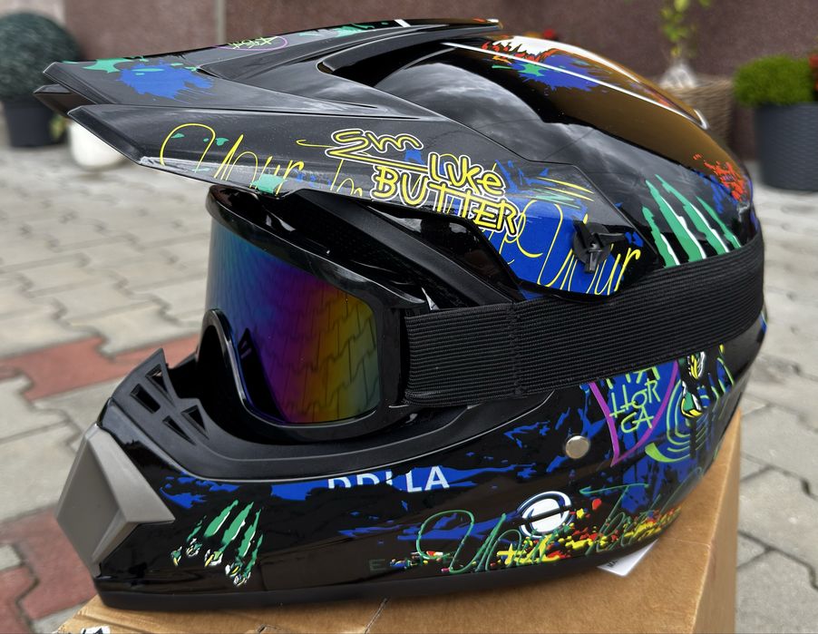 Set Cască Moto Cross/ATV M + Ochelari + Mănuși + Cagulă, Nou, Negru-Albastru Lucios