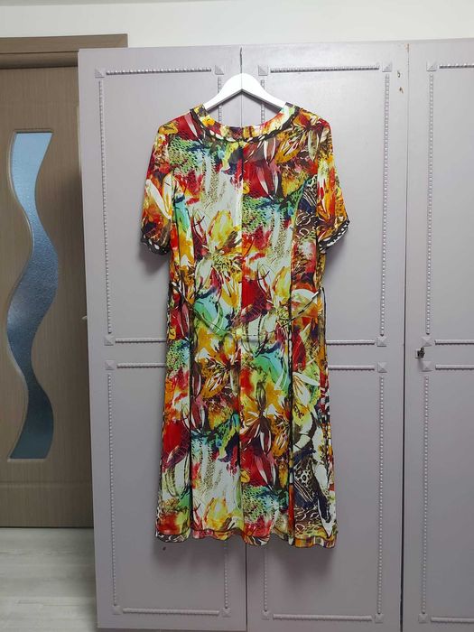 Rochie voal, lungă, florală, multicoloră, Gelco, mărimea 48 (XL/XXL)