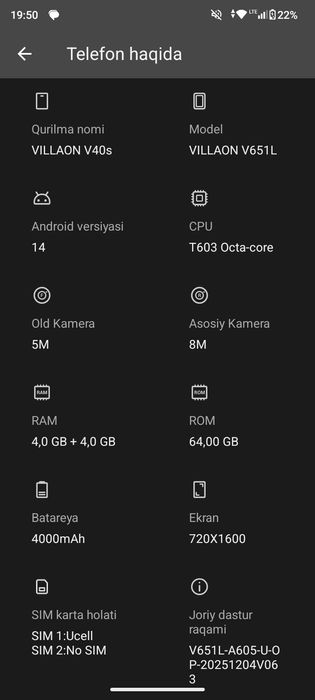 Bu telefon nomiVILLAON V40s