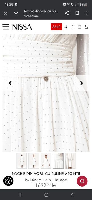 Rochie Nissa albă din voal cu buline argintii