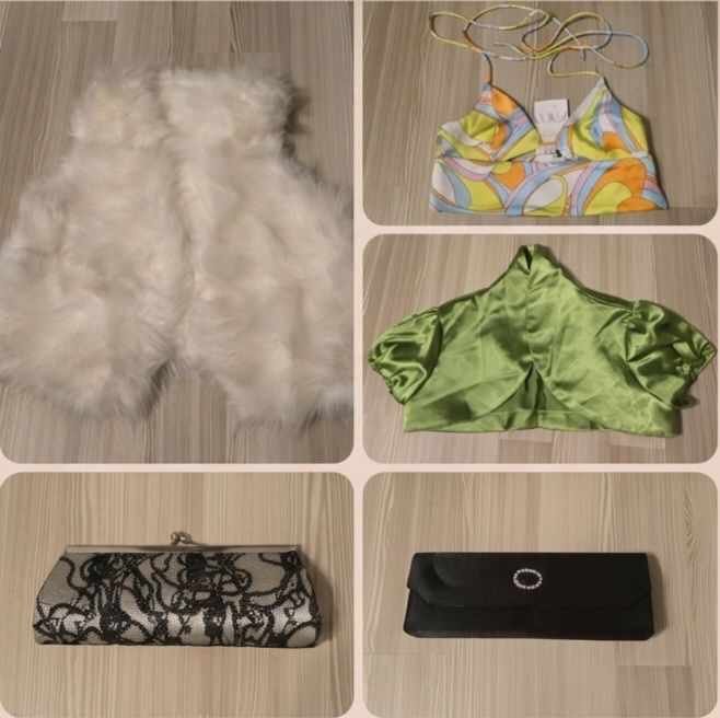 Lot Accesorii și Haine Ocazie – 9 Piese (Bolero-uri Blană, Clutch-uri, Topuri)