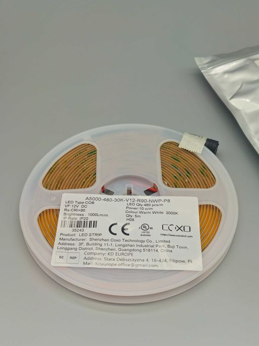COB LED лента COXO 5 м, 12V, 3000K, 480 LED/м, CRI90, IP20