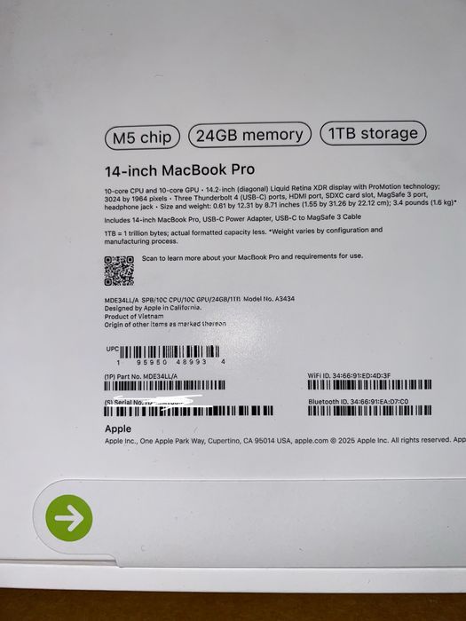 Macbook Pro M5 24GB/1TB New