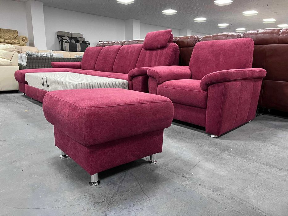 ПРОМОЦИЯ! Червен диван от плат с лежанка ф-я сън,фотьойл, табуретка