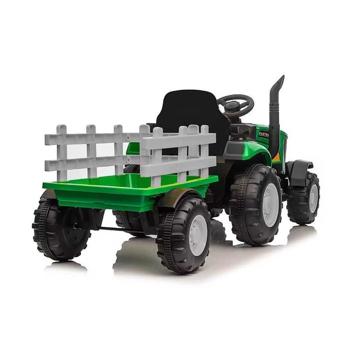 Tractor electric pentru copii Nichiduta Track Green 90W cu telecomanda 2.5G, Acumulator 12V, Remorca detasabila, Centura siguranta, Faruri  LED,