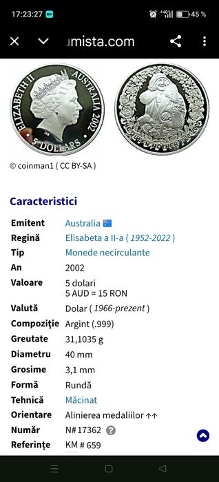 Monedă 5 dolari uncie argint 999 ediție limitată