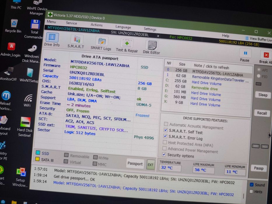 SSD Micron 1300 256GB M.2 SATA – 95% Health – Testat