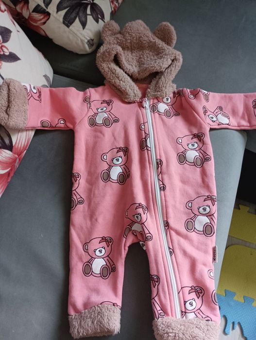 Бебешко зимно розово гащеризонче "мече" за момиче на мечета размер 6-9