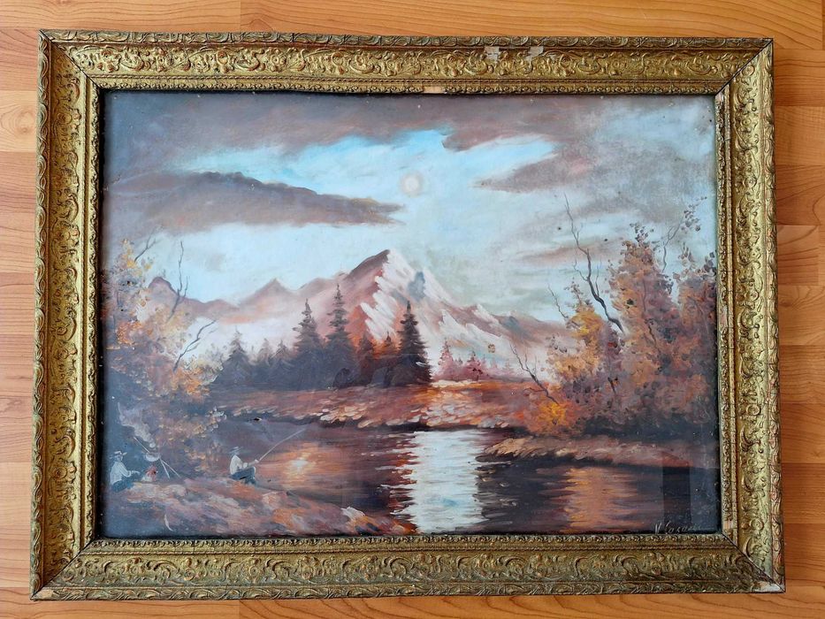 Tablou Vechi de Colectie impresionant „Pescar montan toamna ” – pictor V. Casacu (66.5 x 48 cm), ulei pe panza, rama stuc baroc aurita.