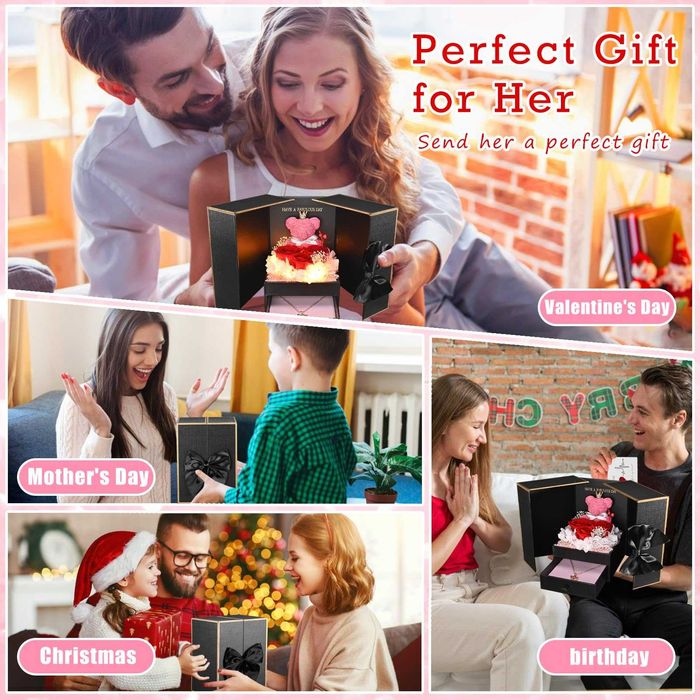 Златно колие с камъни Обичам те в луксозна кутия с рози Подарък 3 вида