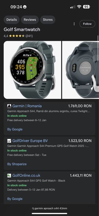 Ceas Garmin Approach S44 Ramă din aluminiu argintie 43mm