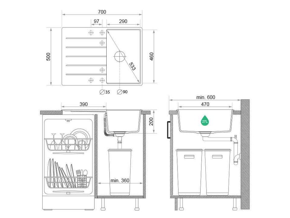 Бял кухненска мивка от гранит Копенхаген 40 Top 700х500