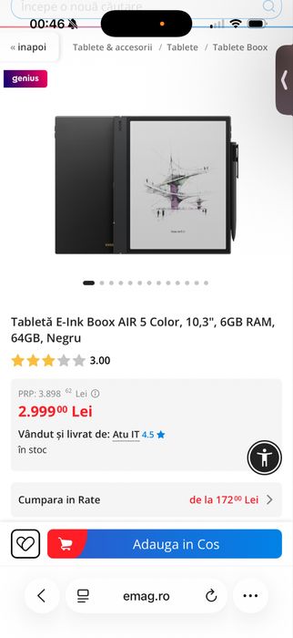 Tabletă E-Ink Boox AIR 5 Color, 10,3", 6GB RAM, 64GB, Negru