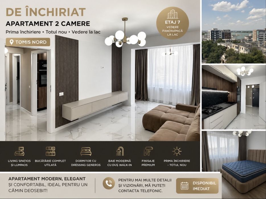 De închiriat – Apartament 2 camere | Prima închiriere | Tomis Nord | Vedere superbă către lac