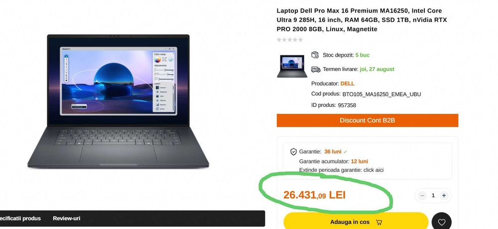 Laptop Dell Pro Max 16 Premium Core 9 285H 32GB Ram Nvidia RTX Pro 2000 8GB 1TB SSD  2Ani Firma AlienStore