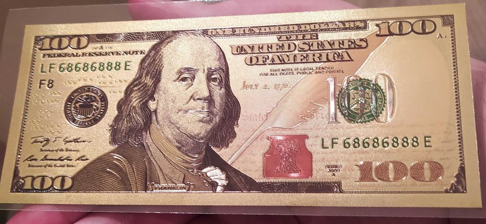 Лот от 5 бр. 100 долара-позлатени,сувенирни,пластични,релефни банкноти