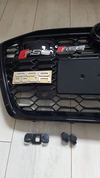 Grila-Fagure-RS6-Look-Audi-A6-C8-2018-2019-2020-2021-2022-2023-2024-Neagra-Lucios-Logo-Sigla-Camera-Frontala-RadarACC-Poze-Reale-Calitate-Premium-Noua