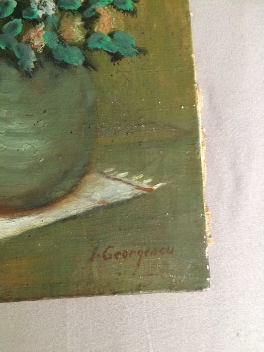 Pictura an ulei pe panza semnat vechi bibelouri bibelou