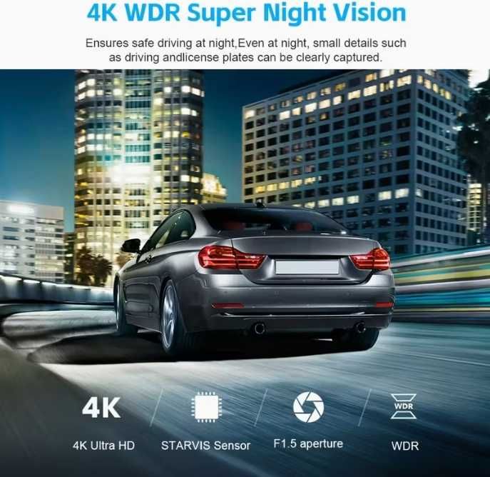4K Видеорегистратор (Dash Cam) с Wi-Fi | Нощно виждане, Паркинг режим