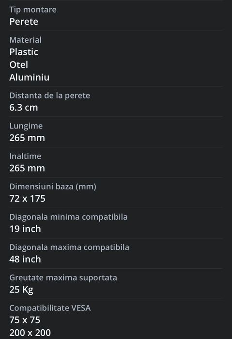SUPORT MONITOR/TV fix/reglabil perete HAMA Vesa 200x200 max. Original Nou
