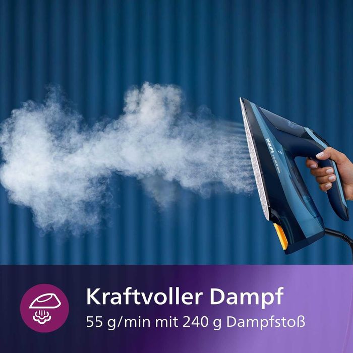 Парна ютия Philips 8000, Синя, 3000 W | 55 г/мин непрекъсната пара, 240 г парен удар, гладеща повърхност SteamGlide Elite, OptimalTEMP